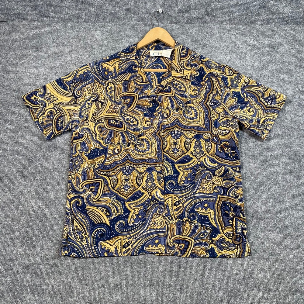 Cricket Lane Mens Paisley Short Sleeve Button Up Shirt Blue Gold Medium 11749